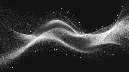 Abstract wave of white glowing particles forming dynamic flow on black background in digital style