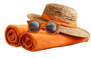 Hat and sunglasses on the beach small towel	