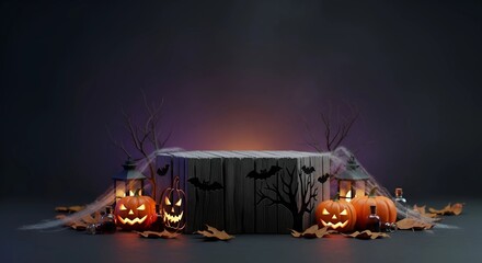 Create a spooky Halloween scene with glowing pumpkins and eerie decorations for a product display, perfect for autumn promotions and festive marketing campaigns
