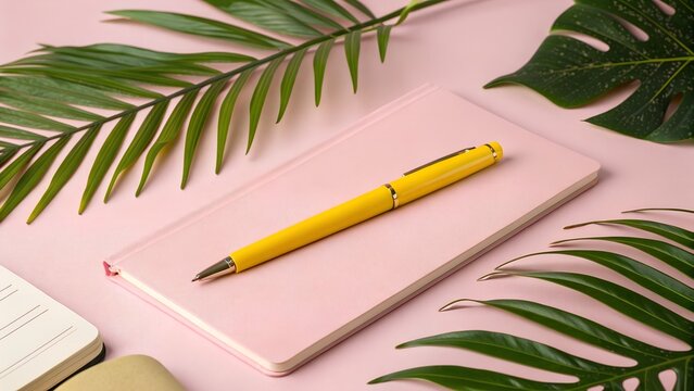 yellow pen on pink desk with tropical leaves - Powered by Adobe