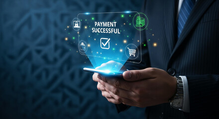 Person in suit holds phone displaying "Payment Successful" message with digital icons, symbolizing secure online transaction completion