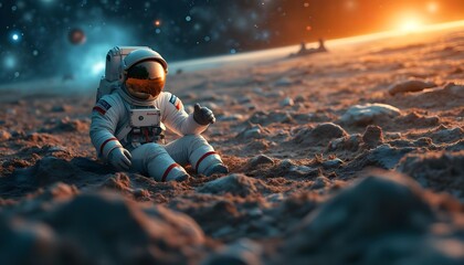 Astronaut exploring a lunar landscape while sun sets behind distant planets in outer space during a serene moment of discovery Generative AI