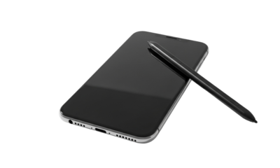 A close up shot of a smartphone with a dark screen and a stylus pen laying on top of it