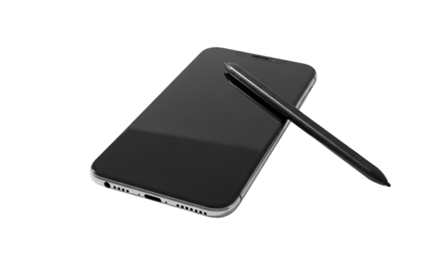 A close up shot of a smartphone with a dark screen and a stylus pen laying on top of it