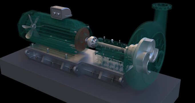 industrial pump and motor animation with transparent outline