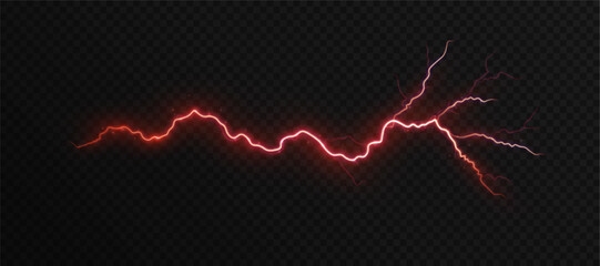 Red glowing lightning effect with sparks and glare. Vector red lightning effect for design on dark background.