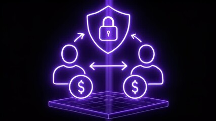 Digital Security Exchange: A glowing neon depiction of a secure digital exchange, two stylized figures exchange digital currency, protected by a shield and lock, highlighting secure transactions. 