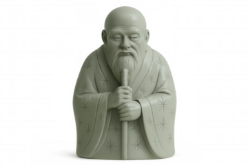 3d rendering featuring a confucius bust, holding a staff, isolated against a transparent background, emphasizing wisdom and cultural heritage
