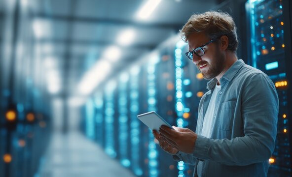 It engineer using tablet computer in data center working with server racks
