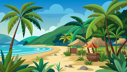 Fototapeta premium Vector art of idyllic tropical beach landscape with palm trees, huts, and mountains, creating a serene and inviting scene for a perfect summer vacation