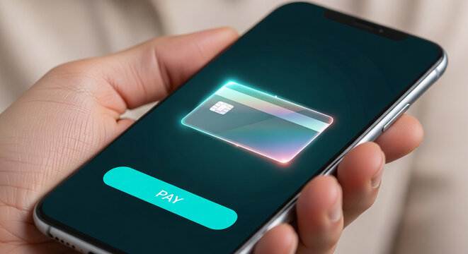 Hand holding smartphone displaying virtual credit card and "PAY" button, illustrating seamless mobile payment, secure online transaction, modern finance technology - Powered by Adobe