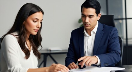 Obraz premium A man and woman in business attire are reviewing documents at a desk in an office setting, discussing work