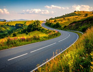 Winding road through a vibrant landscape at sunset