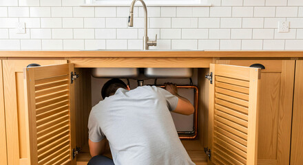 Under-Sink Plumbing Repair: Focused View of a Plumber at Work