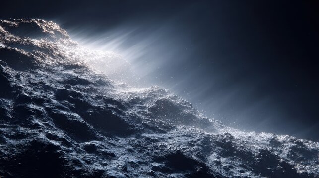 A close-up of a comet icy rocky surface glowing with sublimating gases in space, hyper-realistic high-definition detail