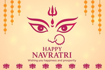 Artistic illustration of goddess durga face with trishul nose ring decorated flowers bells navratri festival hindu religious celebration cultural worship spirituality indian festive background design