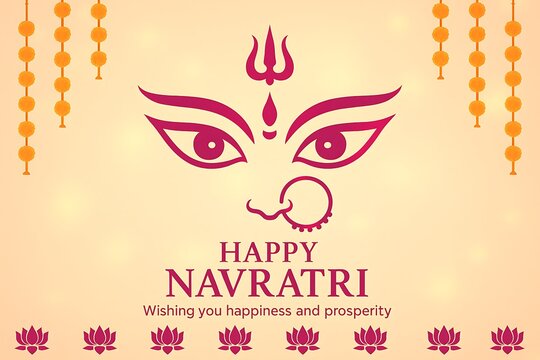 Artistic illustration of goddess durga face with trishul nose ring decorated flowers bells navratri festival hindu religious celebration cultural worship spirituality indian festive background design