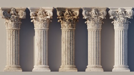 Fototapeta premium Architectural composition of five classical columns, stone texture, fluted shafts and ornate capitals, soft daylight on neutral background