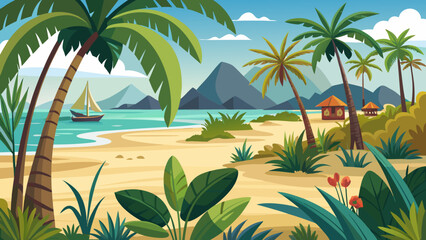 Vector art of a vibrant tropical island scene with palm trees, sandy beach, and a sailboat on the turquoise sea, capturing the essence of a perfect vacation getaway
