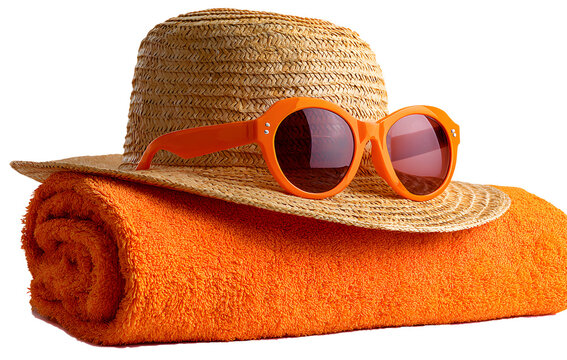 Hat and sunglasses on the beach small towel	