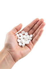 Hand holding white pills, representing health and medication. image conveys sense of care and wellness