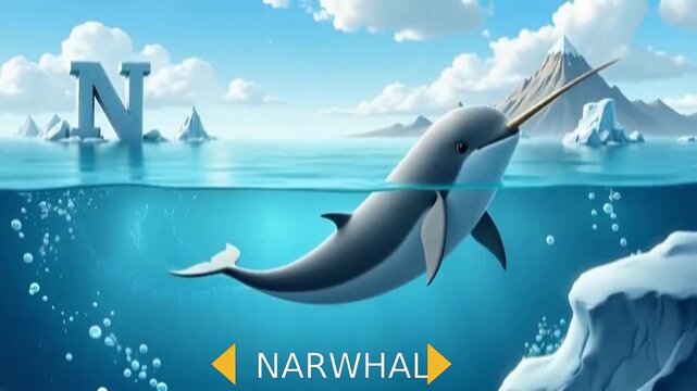 Peaceful Narwhal Swimming in Clear Arctic Waters with Icebergs and Mountains in Background
