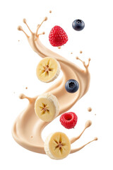 Creamy splash with banana slices, blueberries, and raspberries creates vibrant and fresh composition. Perfect for food and beverage themes