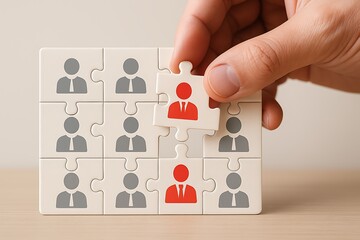 Human resources concept of hiring and recruitment with a hand placing the final red employee piece into a team puzzle.