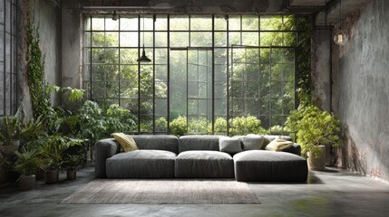 Obraz premium Bright minimalist loft with raw concrete floor, stylish sofa, and green garden visible through floor-to-ceiling windows, 3D interior rendering