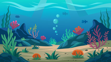 Vector art of a serene underwater scene with vibrant coral, playful fish, and sunlit waters, creating a captivating marine ecosystem illustration