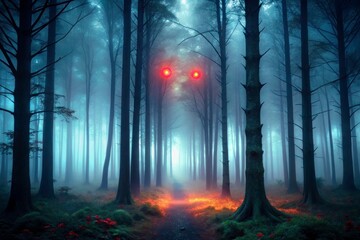 Dark foggy forest with glowing red eyes