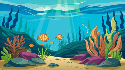 Vector art of a vibrant underwater scene showcases colorful fish swimming amidst coral reefs, algae, and rocks, illuminated by sun rays penetrating the clear ocean water