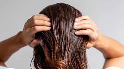 Fototapeta premium Woman applying hair mask treatment to wet brown hair. Hands massaging nourishing conditioner for deep hair repair and hydration. Professional haircare routine for damaged hair restoration.