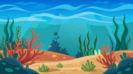 Vector art of underwater landscape with coral reefs, algae, and sand, creating a serene and inviting marine environment for exploration and discovery