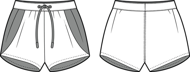 Flat vector CAD drawing of women's running shorts front and back, athletic gymwear fashion technical sketch for sportswear designers