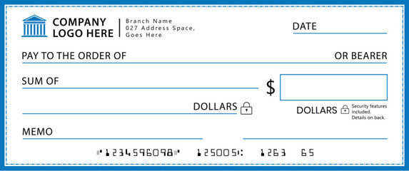 Blank check template with light-blue border and white background. Features fields for logo, payee, amount, date, and signature. Modern, clean, corporate design for financial use.