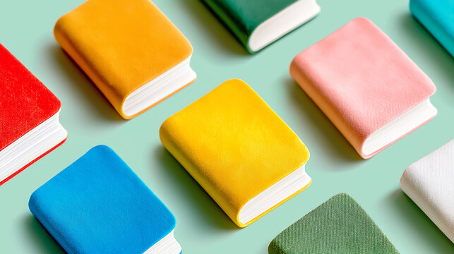 A seamless repeating pattern of colorful, fabric-crafted fictitious books, artfully arranged in an orderly and visually appealing composition that sparks curiosity and joy.