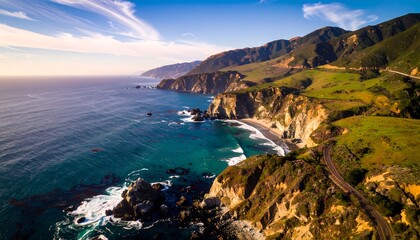 Fototapeta premium Panoramic coastal view of rugged cliffs, ocean, and highway