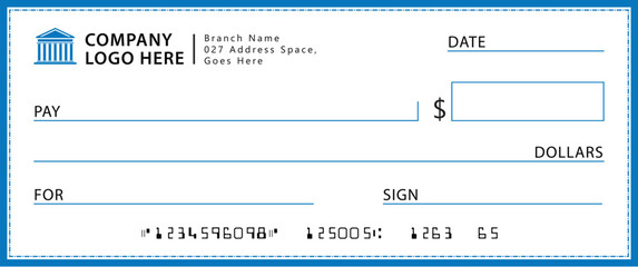 Blank check template with light-blue border and white background. Features fields for logo, payee, amount, date, and signature. Modern, clean, corporate design for financial use.