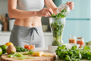 Young adult Caucasian woman preparing healthy smoothie by adding fresh green vegetables into blender in kitchen, showing midsection and hands while arranging ingredients on counter