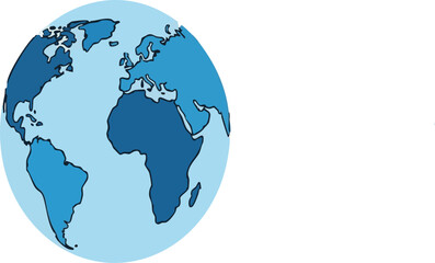 Stylized world globe illustration showing continents in shades of blue on a light blue background