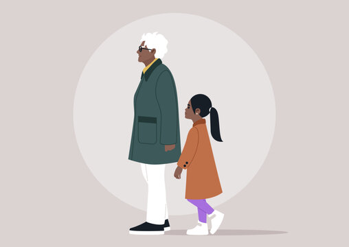 Walking hand in hand, a grandmother with silver hair and glasses shares laughter with her playful granddaughter, both dressed warmly as they enjoy a splendid day outdoors, surrounded by warmth