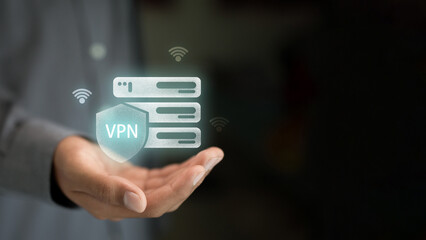 Businessman hand holding VPN virtual server icon, secure internet connection technology concept