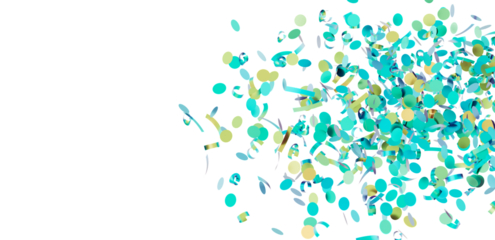 Festive teal and gold confetti falling on white background. Perfect for party invitations, celebrations, and festive designs.