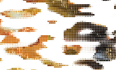 Modern abstract art background with brown and gold pixelated shapes on white. Ideal for digital design.