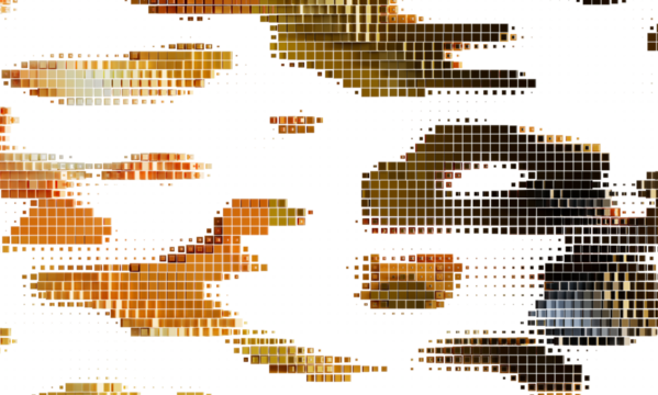 Modern abstract art background with brown and gold pixelated shapes on white. Ideal for digital design.