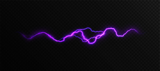 Purple electrical lightning with jagged outline and soft glow on dark background. Energetic plasma arc for powerful, sci-fi and dramatic effects, overlays and abstract designs. © Valeriia