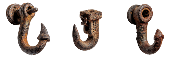 Industrial rusty hooks for storage solutions workshop isolated on transparent background