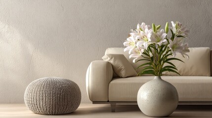 Elegant modern living area with beige sofa, decorative vase of lilies, round pouf, and textured neutral wall providing minimal copy space © Intach