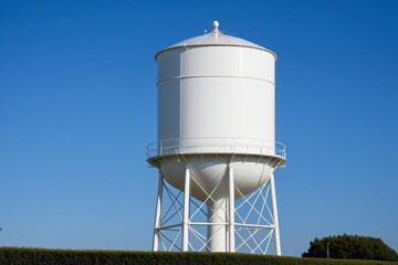 Wei&szlig;er Wasserturm vor klarem blauem Himmel und gr&uuml;ner Hecke